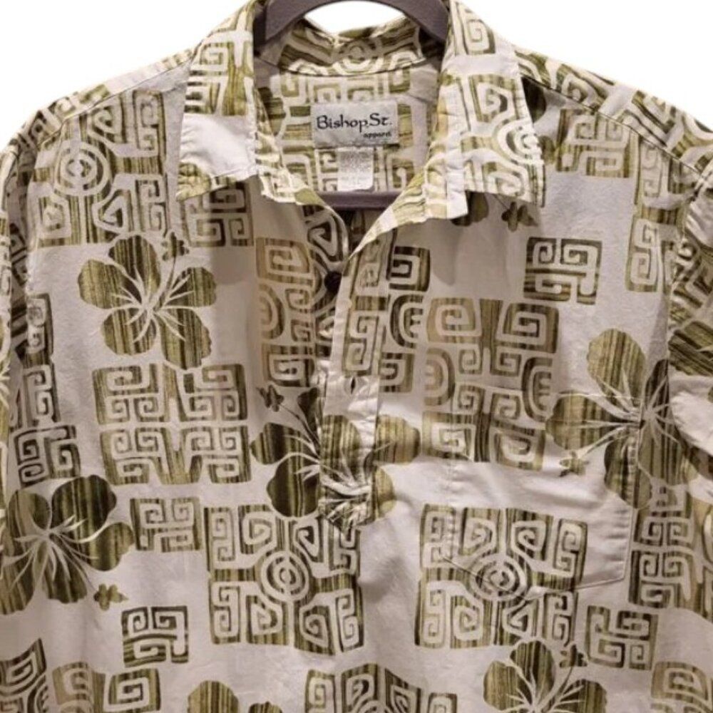 Vintage Men's XL Hawaiian Shirt All Cotton Green White Design Made in Hawaii - Picture 9 of 16